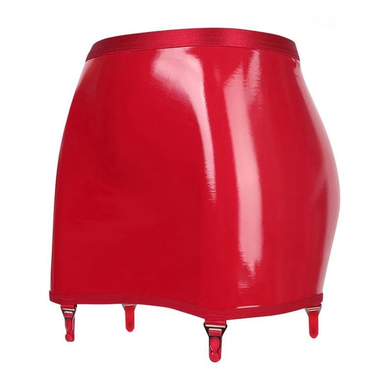 Gothic Punk Wetlook Pu Leather Mini Skirt Women Sexy High Waist Garter Belt With 4 Straps And Metal Clips For Stockings