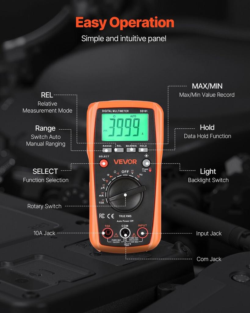 Digital Multimeter, 4000-Count TRMS DC/AC Voltmeter Current Tester, Auto-Ranging Multimeter for Current Voltage Resistance Capacitance Temperature