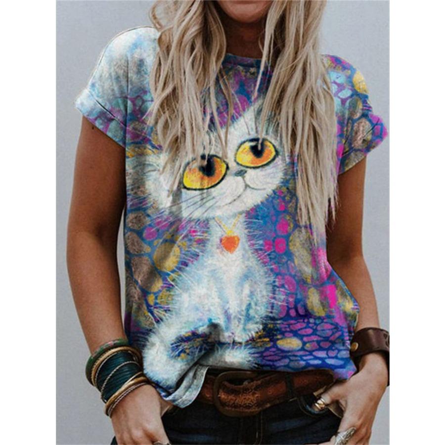 

Cat 3D Printed Short Sleeved T-shirt Summer Breathable Polyester Simple Round Neck Top S