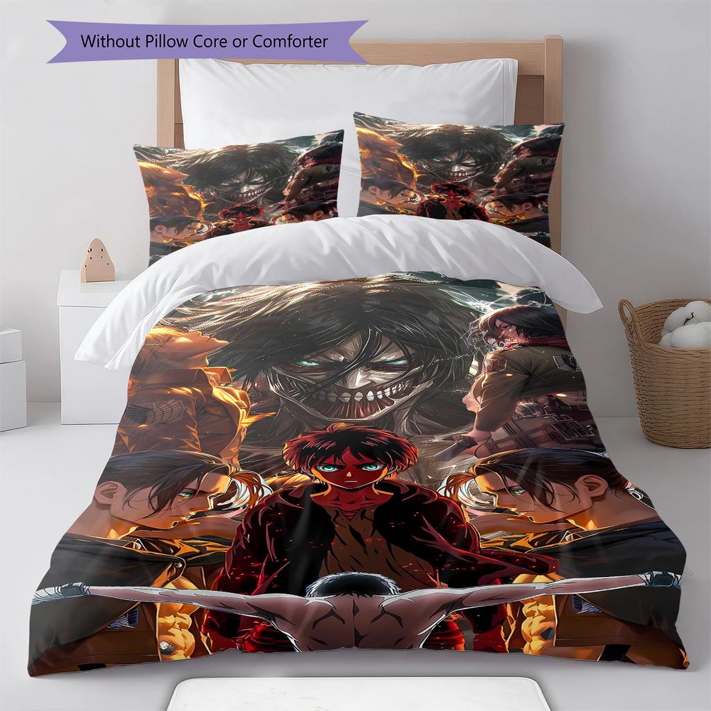 Attack on Titan Pattern Bedding,Quilt Set Quilt Cover Pillowcase Home Birthday Gift (1 * duvet cover + 2 * pillowcase, without core)