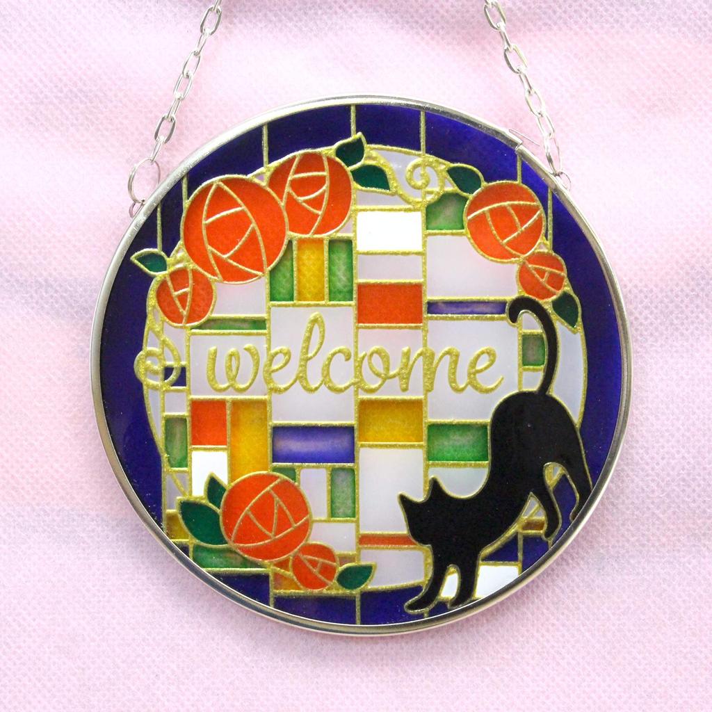 Fourcart Cute Handmade Glass Stained Frame with Black Cat Welcome 115mm Diameter Design,