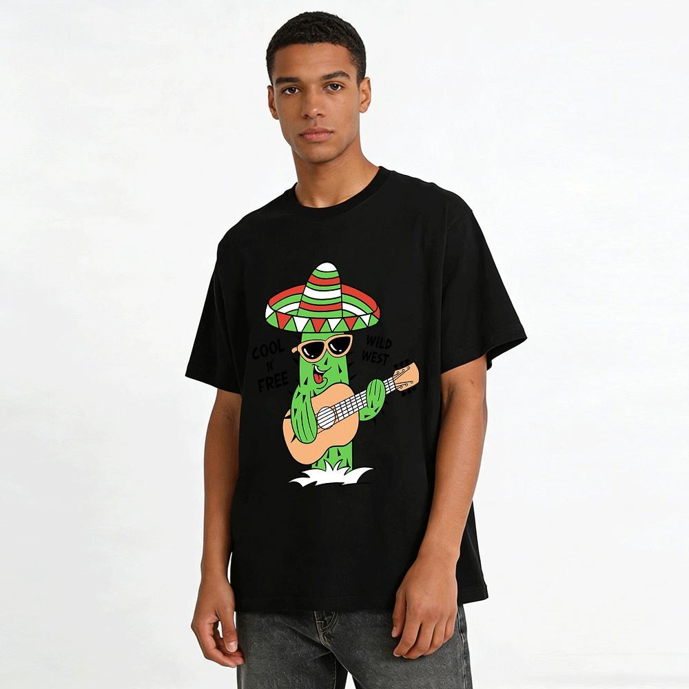 Cool Wild West Fun Cactus Playing Guitar Graphic Casual T-Shirt Pure Cotton T-shirt