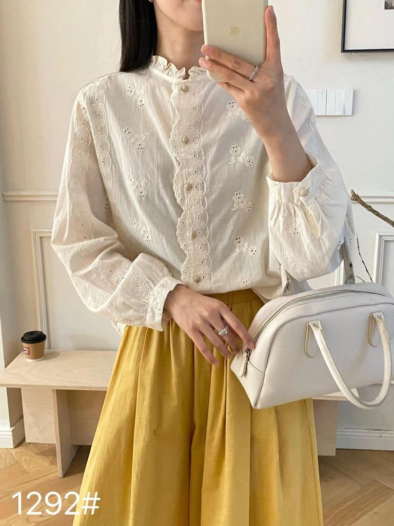 French Embroidered Stand-Up Collar Women's Shirt - Spring Style, Loose Fit, Hollow-Out Design, Long Sleeve Top
