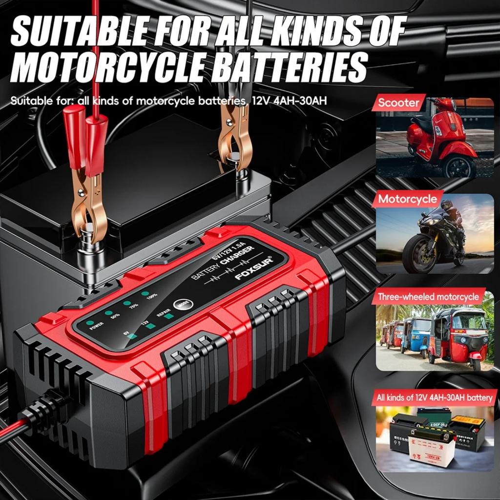 FOXSUR 6V 12V Vollintelligentes Batterieladegerät LCD-Display Intelligente Puls-Reparaturladung Auto Motorrad AGM GEL Blei-Säure-Batterien