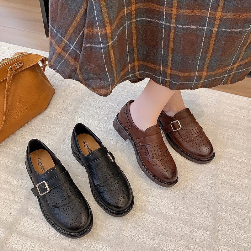 Round Head Fringed Retro Medieval Style Shallow Mouth Leather Shoes One Pedal Lazy British College Single Shoes Leather Shoes Autumn