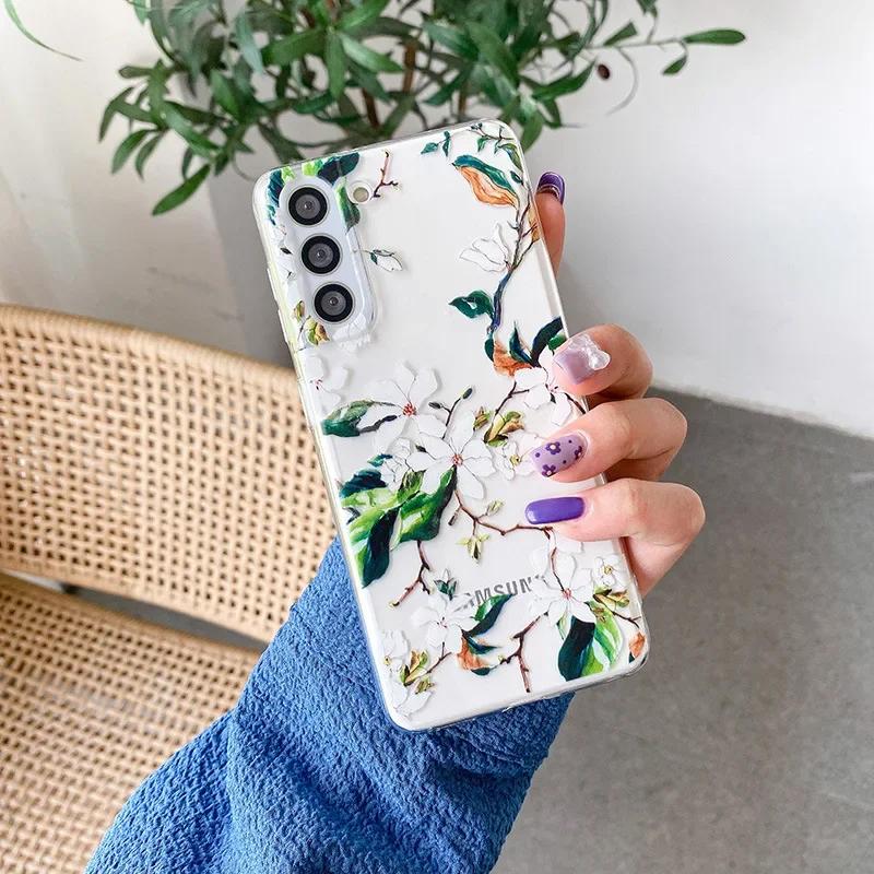 Süße handbemalte Handyhülle mit Blumen für Samsung S25 S24 S22 S21 FE Ultra Klare Silikonhüllen für Samsung Galaxy S23 Plus Ultra Hülle