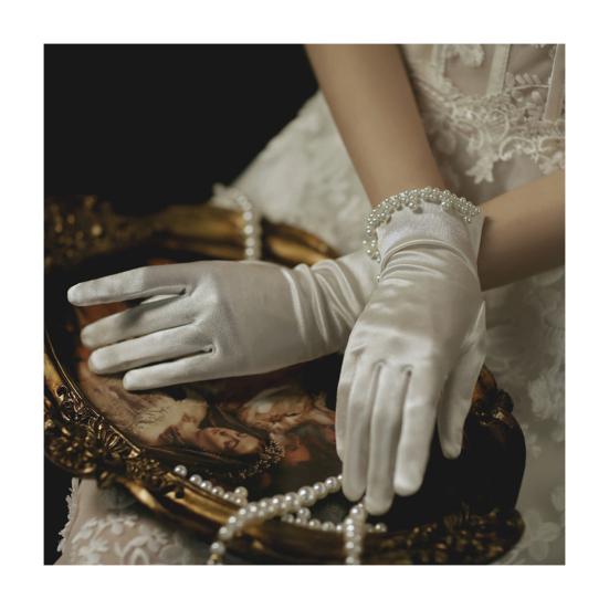 Satin Bride Gloves Short Tulle Wedding Gloves Sheer Wrist Gloves with Bow Faux Pearls for Prom Evening Opera Tea Party