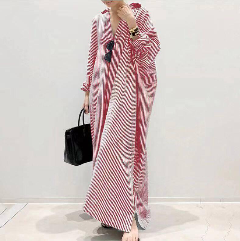 New European & American Women's Plus Size Striped Long Nightgown - Breathable & Loose Homewear