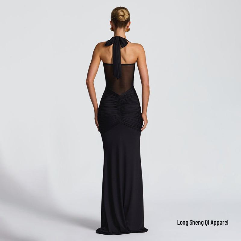 Mesh Patchwork Lace-Up Long Dress