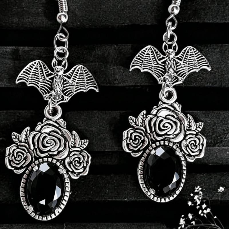 Gothic Shadow Wings Bat & Vampire Red Glass Rose Earrings