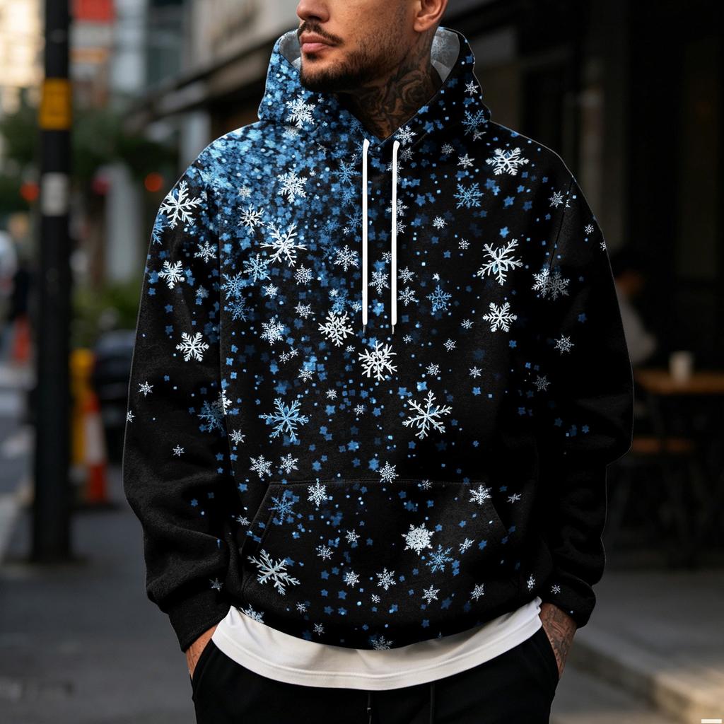 Men's Casual Loose Fit Hoodie with Christmas Print and Large Pockets