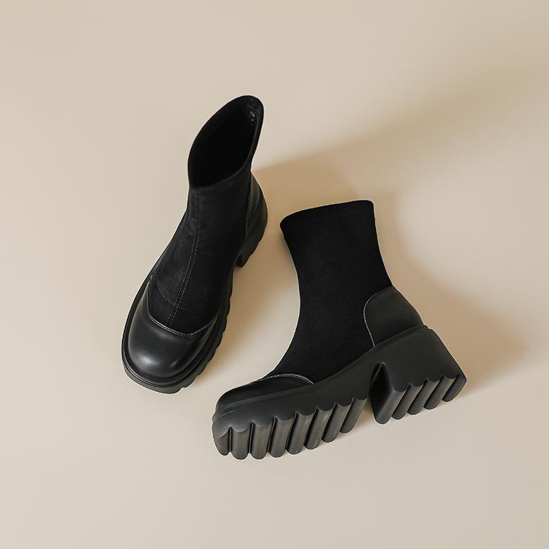 Silky suede Martin boots short boots women's 2025 autumn and winter new thick heel elastic boots 7cm high heel slim boots women