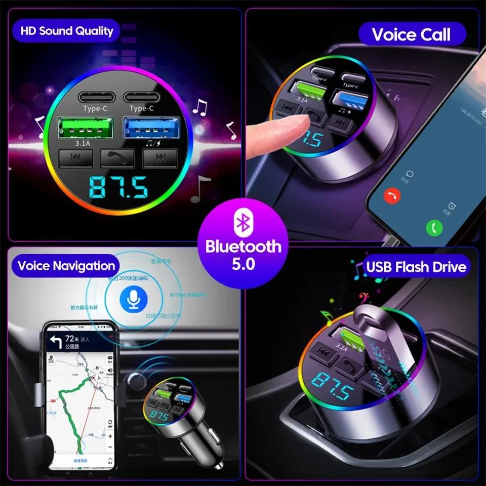 66W Fast Charge Bluetooth 5.0 FM Transmitter 4 Ports (Dual USB+Type-C) RGB Ambient Light Handsfree Car MP3 Player