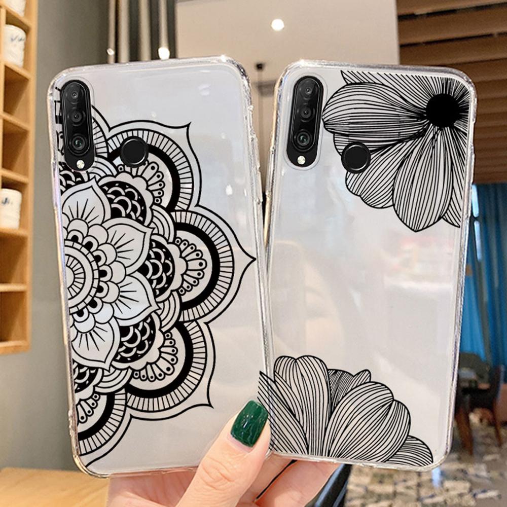 Flower Romantic Lace Pattern Phone Case For Huawei P30 P20 Lite Mate 20 Y6 Y7 P Smart 2019 Honor 20 50 Clear Transparent Cover