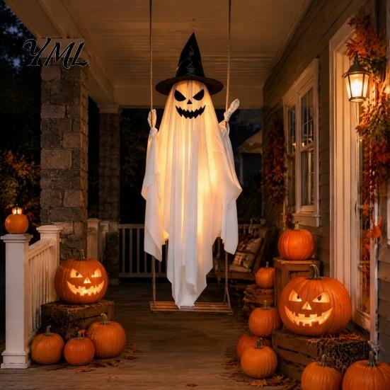 Reusable Fabric Ghost for Trees Halloween Light Up Hanging Decoration, Spooky Large on A Illuminated Decor Store Windows Swing with Witch Hat