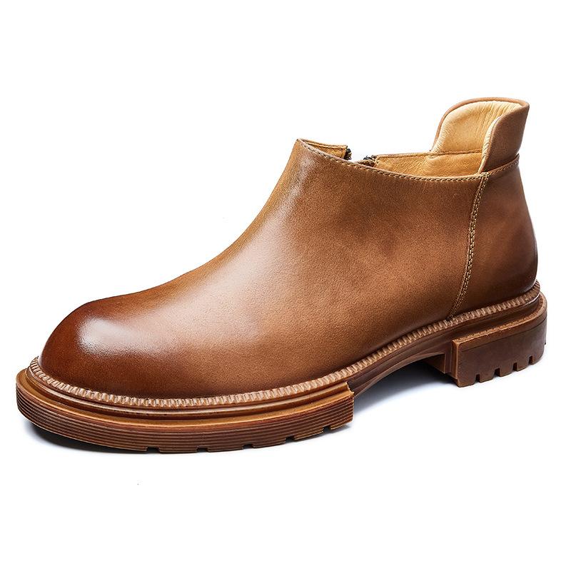 Leather Chelsea Short Boots British Style Retro Locomotive Platform Leather Martin Boots Men'S Trendy Tooling Big Head High Top Shoes
