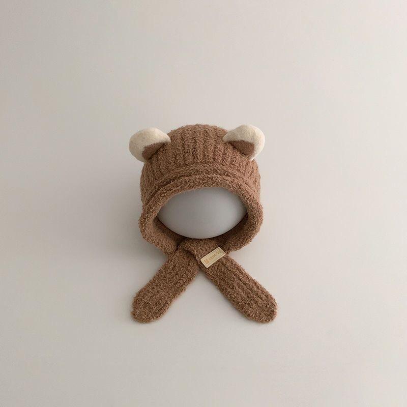 Warm Fleece Baby Bear Ear Hat Soft Plush With Chin Tie Perfect For Infant Winter Outdoor Daily Wear