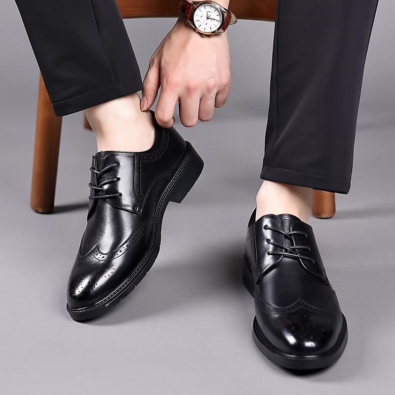 Leather shoes men's shoes leather high-end soft spring men's business dress suit leather shoes British style wedding shoes Brock shoes