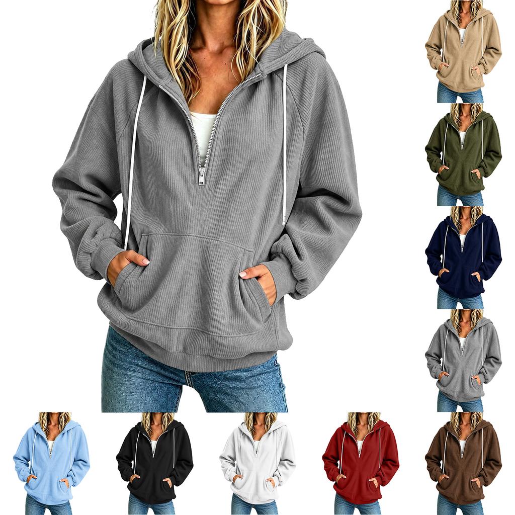 Women's Casual Half Zip Long Sleeve Loose Fit Color Hoodie