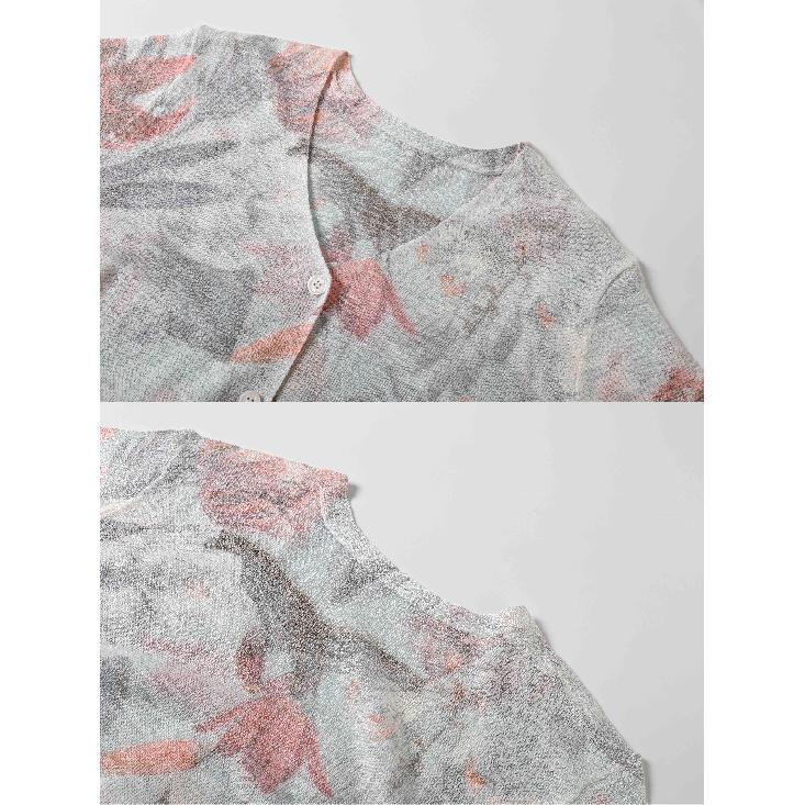 Women's V-Neck Floral Print Knit Cardigan Summer Long Sleeve Lightweight Casual Sweater Sun Resistant Design