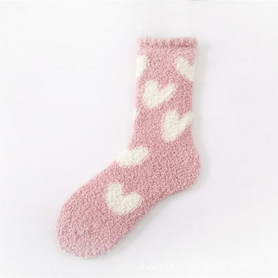 Warm Coral Fleece Women's Socks - Autumn & Winter Love Heart Non-Shedding Floor Socks for Home & Postpartum Comfort.