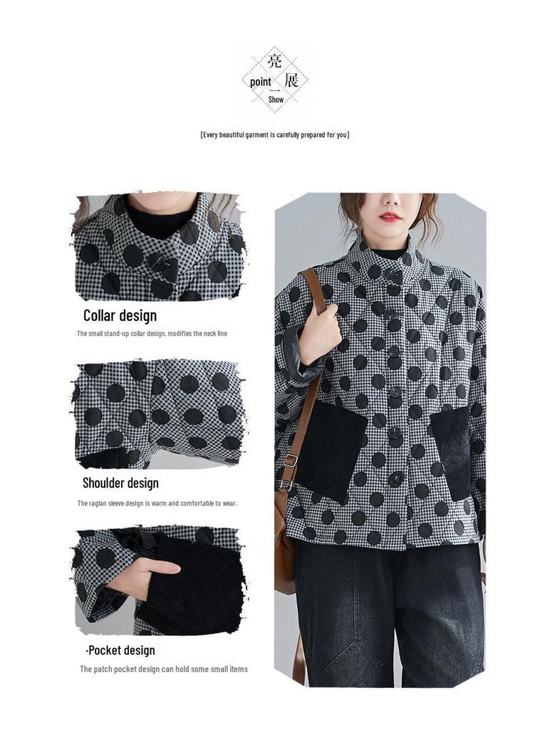 2024 Plus Size Women's Retro Argyle Short Quilted Cotton Jacket with Polka Dots