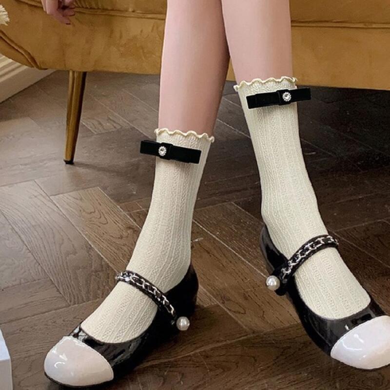 

Women s Cubic Flower Pattern Knee Socks Lovely Style white