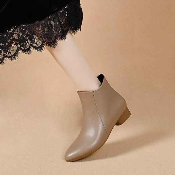 Botins de Couro Femininos Novos, Botins de Salto Baixo com Zíper, Botas Confortáveis de Sola Macia para Mães, Sapatos de Outono Inverno
