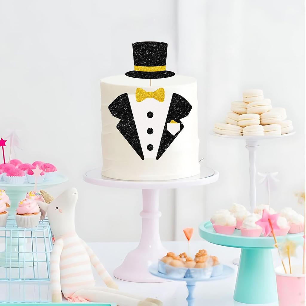 Little Man Cake Topper, Little Boss Cake Decor, Black&Gold Glitter Tuxedo Suit Bow Tie Cake Topper Set for Boy Baby Shower, Welcome Baby/Boy Men
