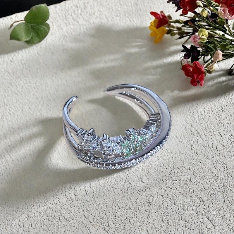 Delicate Serpentine Moon Open Ring Full Of Diamonds, Diamond-Set Zircon Light Luxury, High-End Design, Niche Design, Ring Woman