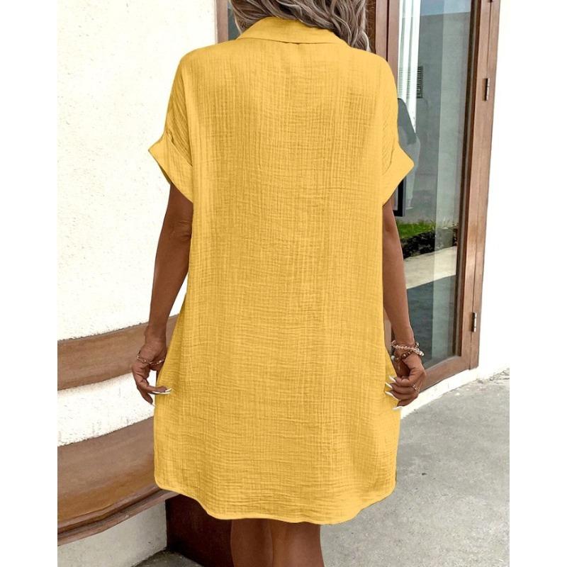 JKASHDK Women's Fashion Summer Spring Solid Color Print Short Sleeve POLO Neck Loose Waistlinet Casual Dresses