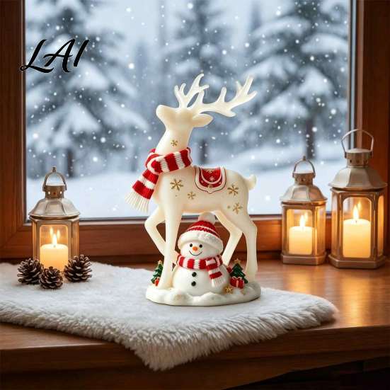 Christmas Table Decorations Reindeer Snowman Resin Figurine White Deer Statue with Red Scarf Decorative Collectibles for Home Winter Holiday