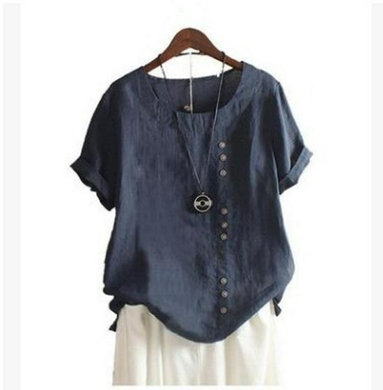 

2026 Summer Retro Plus Size Casual Loose Cotton Linen Button Short Sleeve Pullover T-Shirt for Women S темно-синий