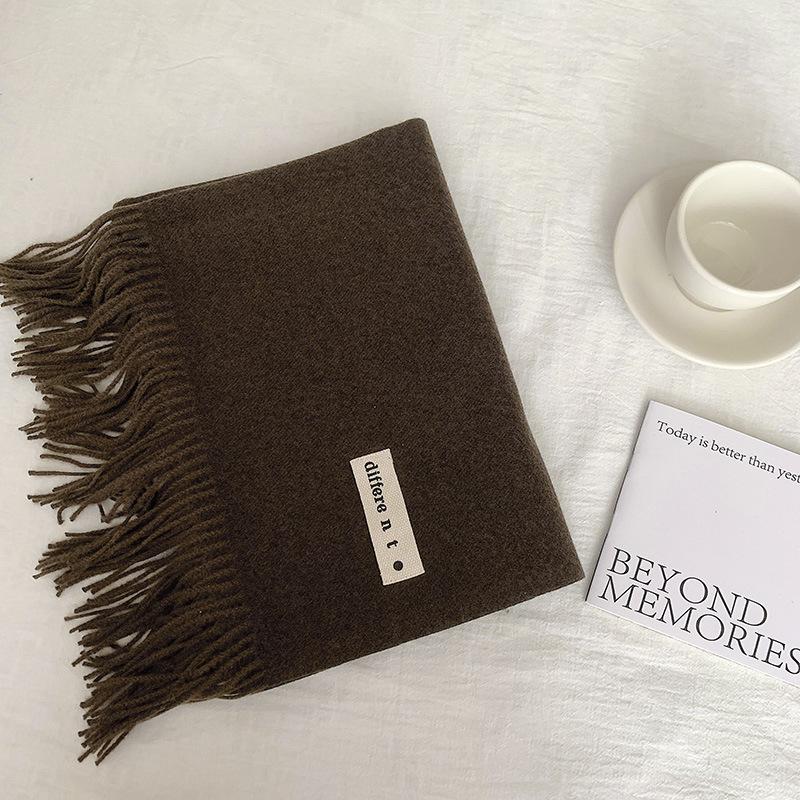 Flowing Fringe, Color-blocked, Simple Design, Faux Cashmere-like Scarf, Winter-thick, Cape-style, Student-friendly, Solid Color.