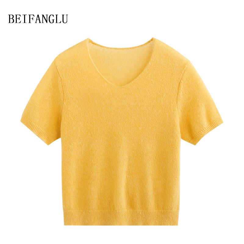 Northern Deer Alpaca Wool V-neck Light Knit Short Sleeve - Spring/Summer