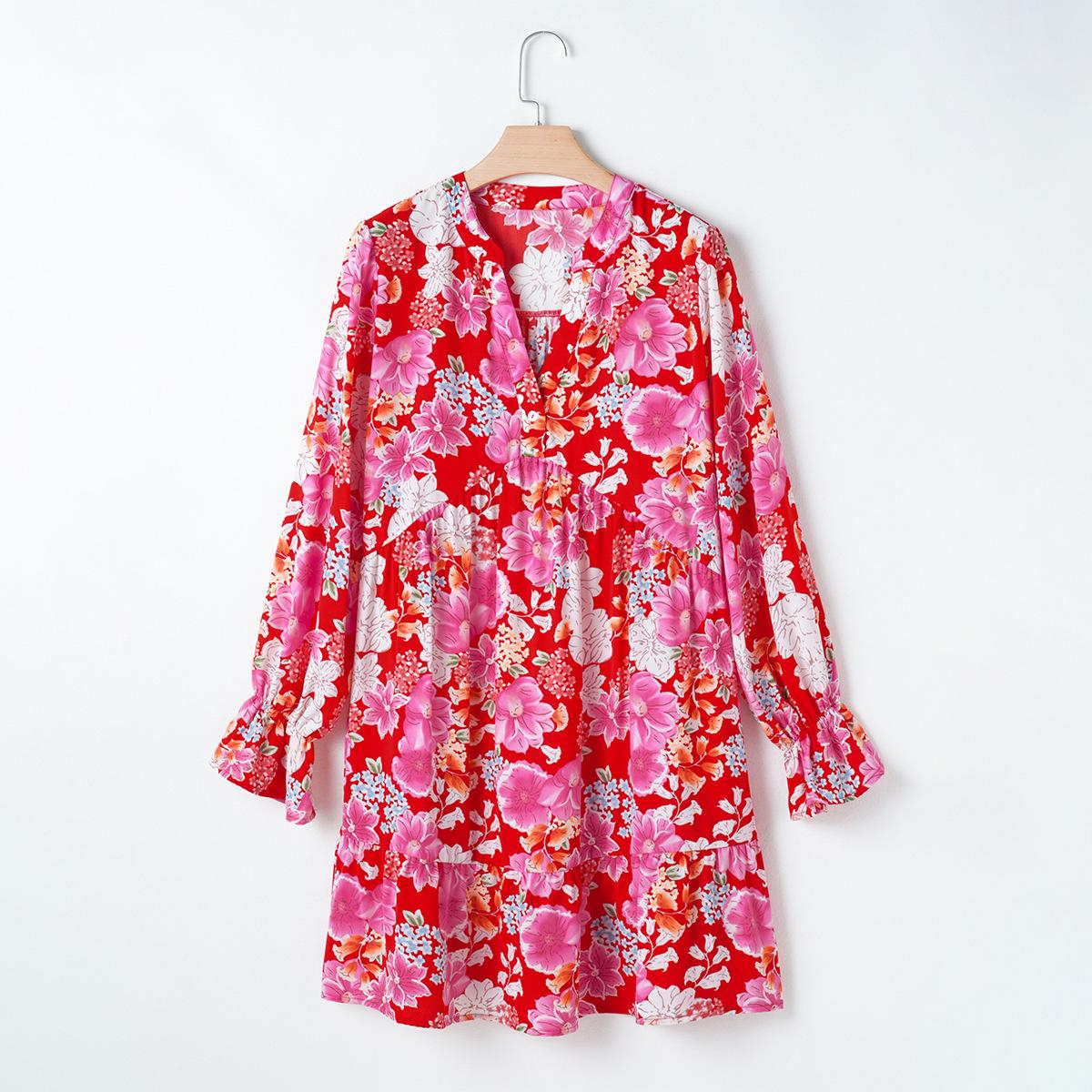

Шифоновое мини-платье с длинными рукавами, цветочным принтом, колор-блоком и оборками L красный