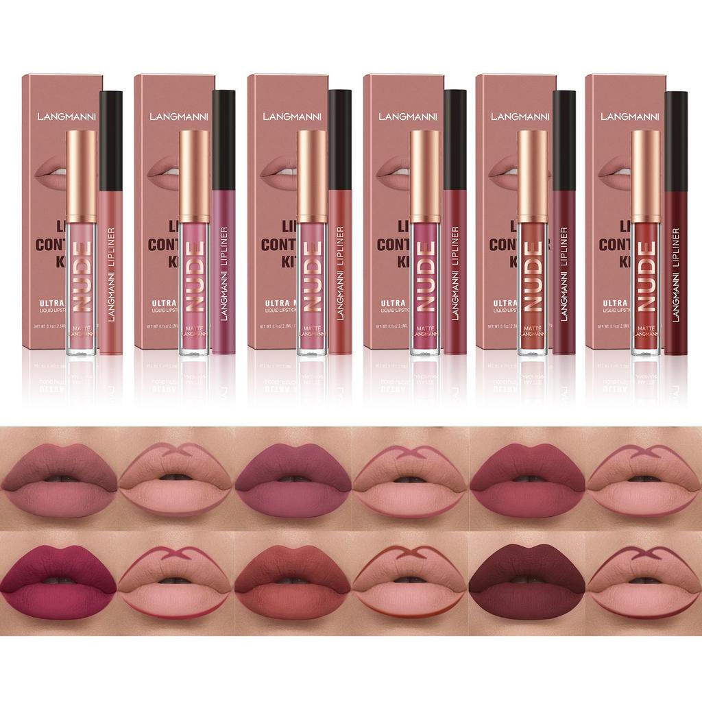 Langmanni 2-Piece Matte Lip Gloss & Liner Set - Long-lasting, Non-Transferable Makeup