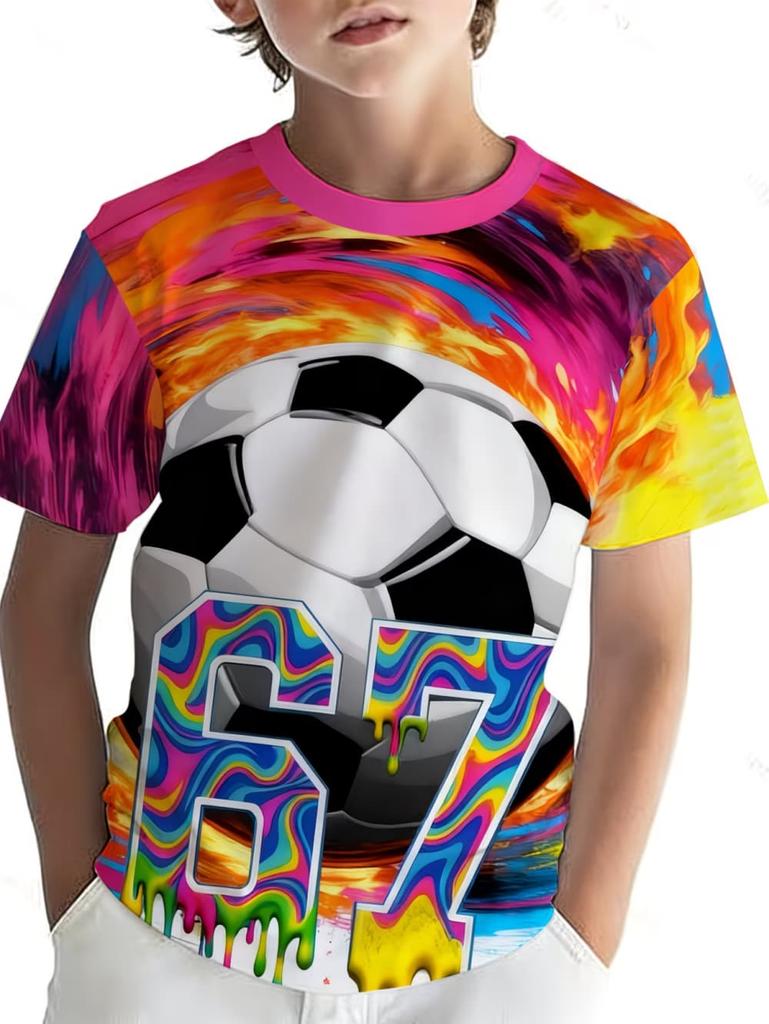 67 Digital Football Print Children's T-Shirt Boys Girls Fashion Casual Comfortable Round Neck Short-Sleeved T-Shirt Sporty Top
