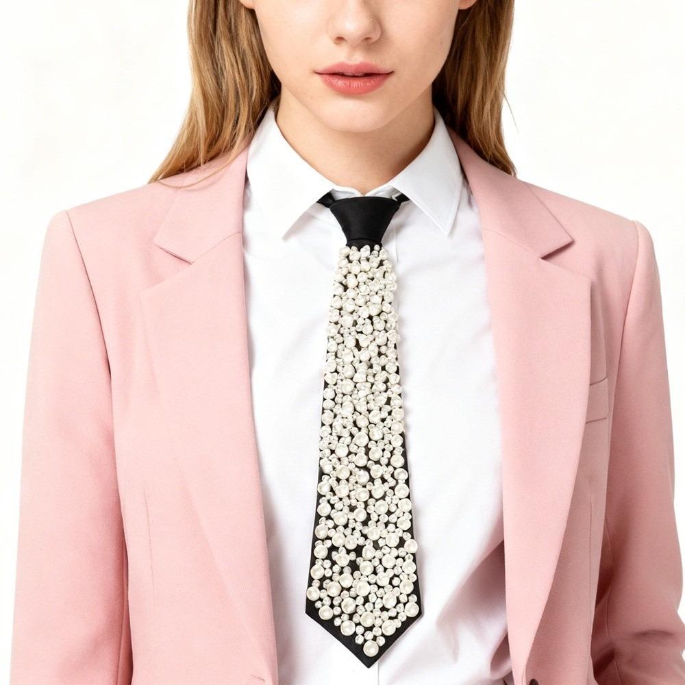 Korean Style Full Pearls Tie Black Decoration Shirt Tie Hand-beaded Long Necktie  Performance