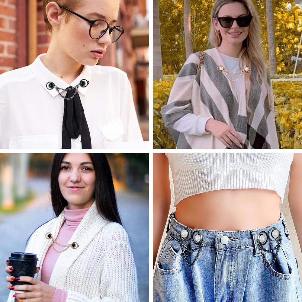 4pcs Pearl Chain Button Pins for Loose Jeans No Sew Pant Waist Tightener Adjustable Button Waistband Tightener Clips for Women