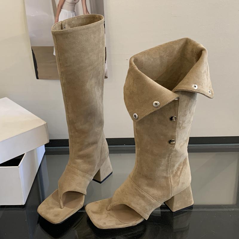 Eilyken Autumn Fashion Square Clip Toe Women Knee High Boots Sandals Square Low Heels Buckle Strap Vintage Shoes Long Botas