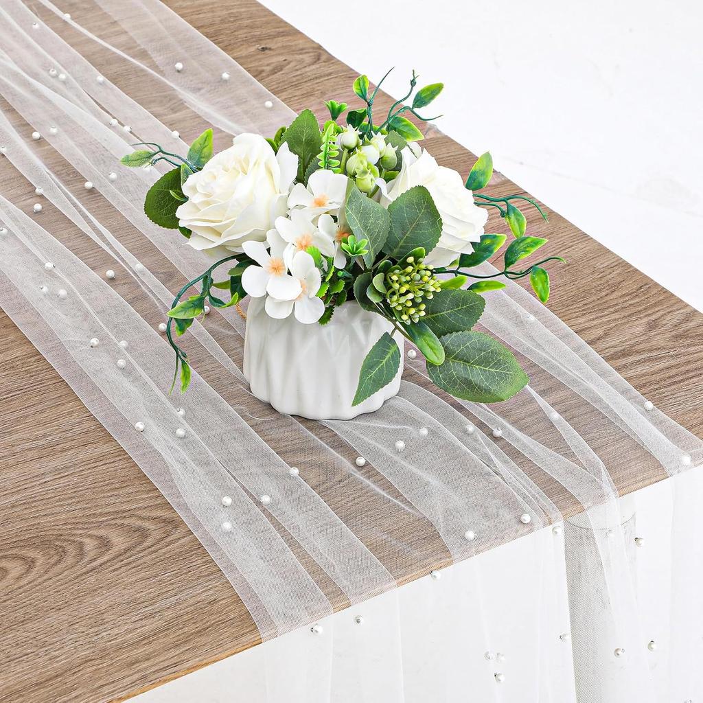 Pearl Table Runner, 10 FT White Tulle Fabric Lace Tablecloth Wedding Table Runner Pearl Decor for Bridal Shower Birthday Party Wedding Arch Veil