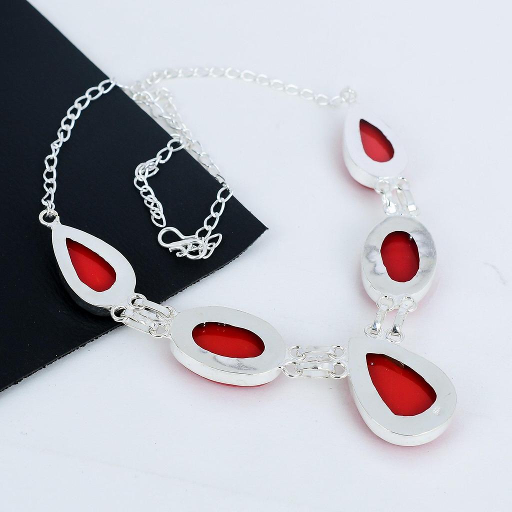 Natural Red Coral Gemstone Handmade 925 Sterling Silver Necklace, Red Coral Silver Necklace For Wife, Unisex Necklace Wadding Gift