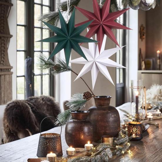 5Pcs Star Lanterns 12-Inch Paper Christmas Ornaments 9 Pointed Hanging Lamp Lampshades Vintage Farmhouse