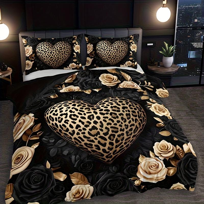 Leopard Print Heart Rose Bedding Set Romantic 3D Print Duvet Cover Pillowcase Skin-Friendly Fade-Resistant For Bedroom Decor
