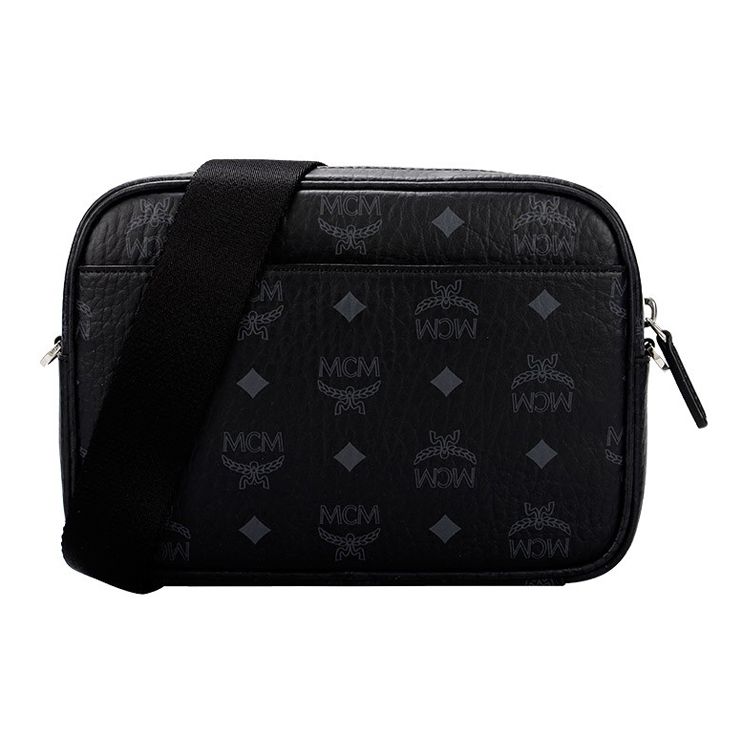 MCM Black Visetos Monogram Crossbody Camera Bag with Silver Logo Plate & Webbing Strap for Daily & Travel Use