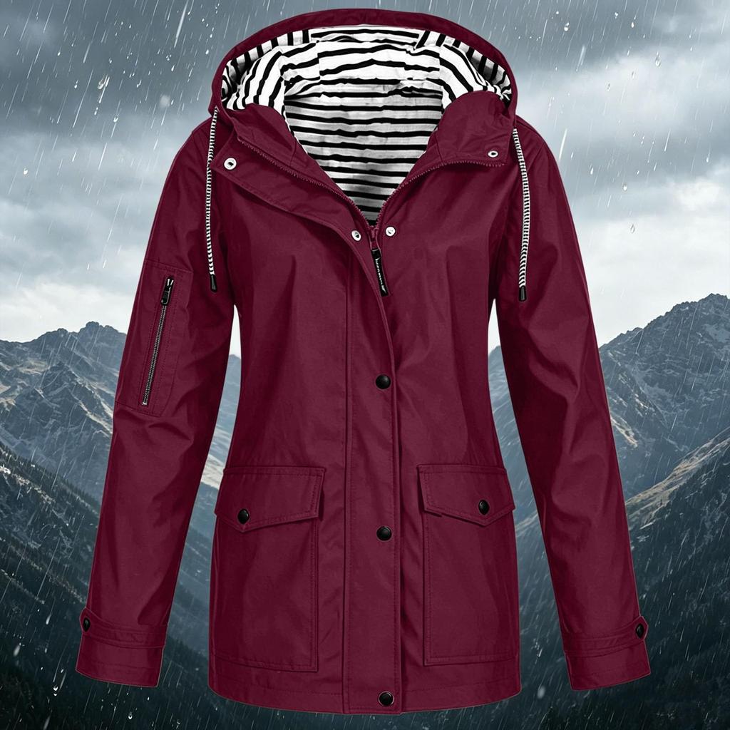 Women's Fashion Solid Color Hooded Loose Casual Waterproof Outdoor Jacket Lightweight Windbreaker Raincoat for Hiking Camping