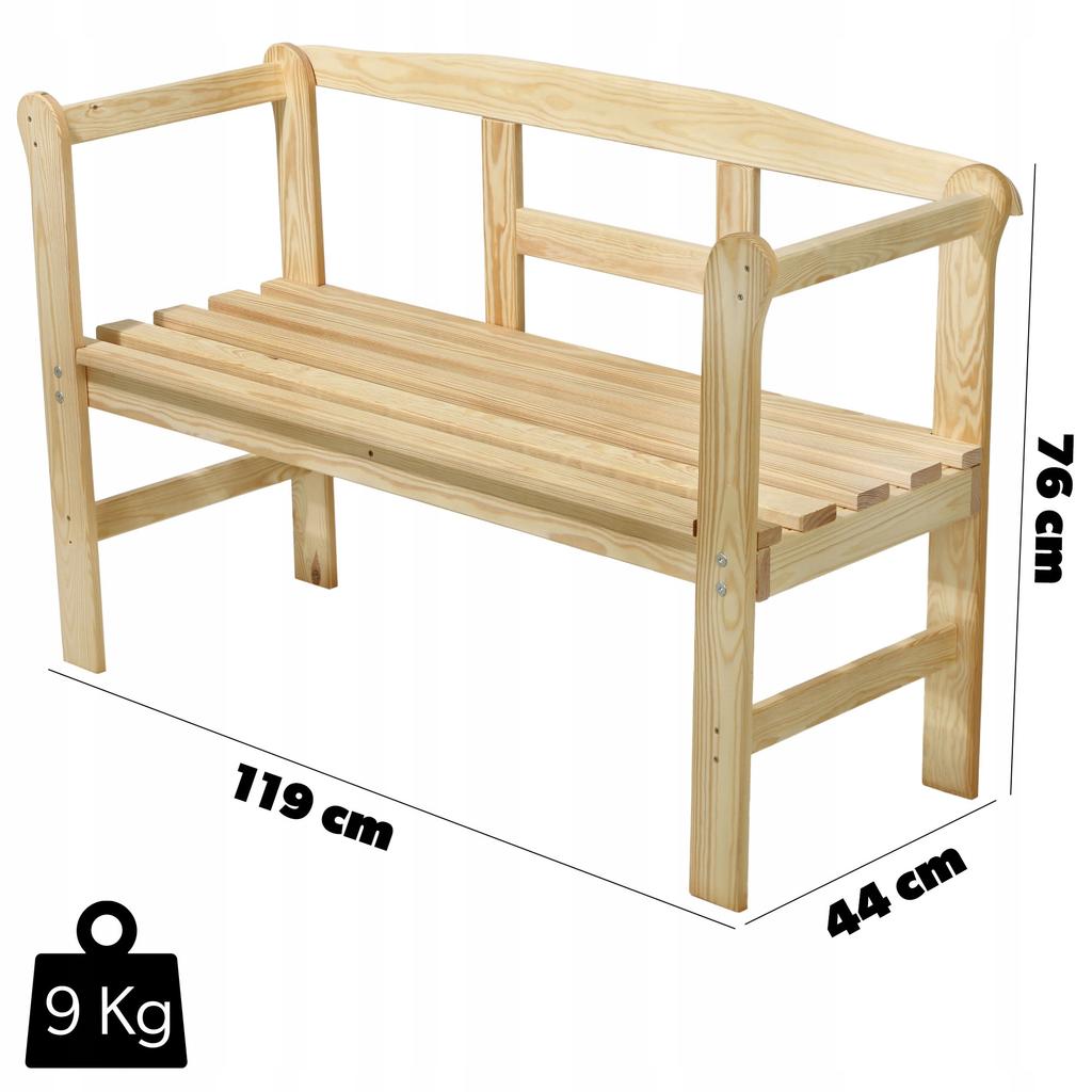 KADAX Bancă de grădină cu spătar din lemn, de parc, 119 cm, terasă, grădină