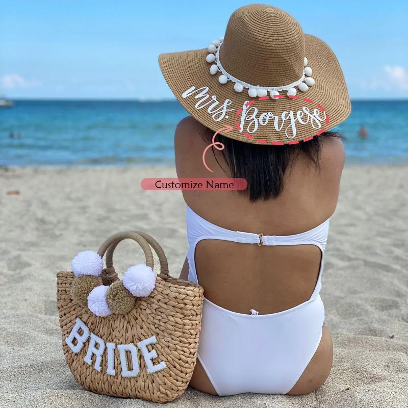 

Персонализированная миссис Соломенная шляпа с пользовательским именем, гибкая пляжная шляпа, украшение для свадьбы и девичника, подарки для свадебного душа и медового месяца