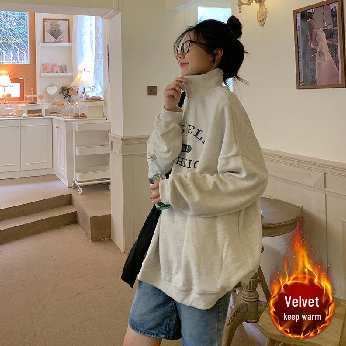 2023 Autumn Winter Velvet Lapel Hoodie: Mid-Length Student Hong Kong Style, Chic Printed Long Sleeve.